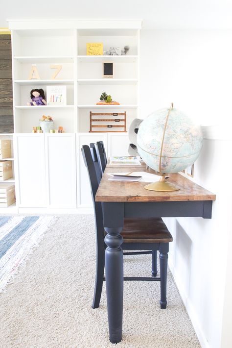 Repurposed Kitchen Table Turned Desks | blesserhouse.com - How to use a repurposed kitchen table to cut in half and make wall-mounted desks for a playroom makeover with Fusion Mineral Paint Midnight Blue. Repurposed Kitchen, Playroom Makeover, Half Table, Wall Bench, Wall Mounted Table, Wall Mounted Desk, Wall Table, A Desk, Repurposed Furniture