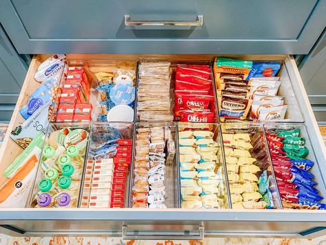 Messy Drawer, Nursery Drawer Organization, Desk Snacks, Narrow Pantry, Snack Drawer, Baby Drawer, Nursery Drawer, Pantry Bin, Pantry Drawers