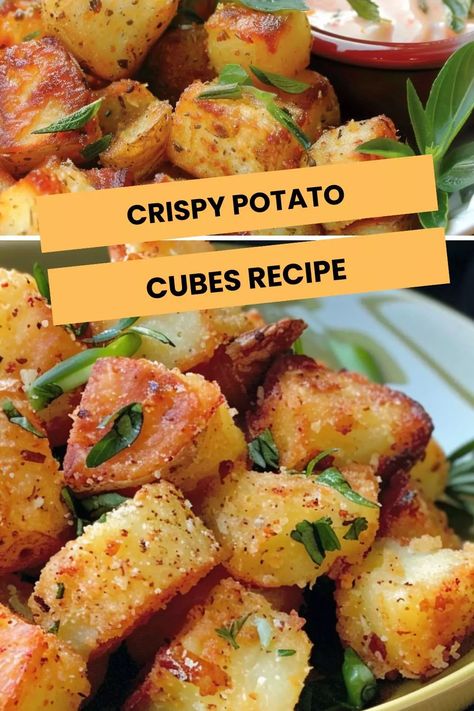 Crispy potato cubes: Tender inside, crunchy outside. Perfectly seasoned with herbs & garlic, a delightful side dish or snack. Baked Potato Cubes, Healthy Low Calorie Dinner, Potato Cubes, Deep Fried Potatoes, Salted Potatoes, Potatoes In Oven, Frozen Potatoes, Seasoned Potatoes, Low Calorie Dinners