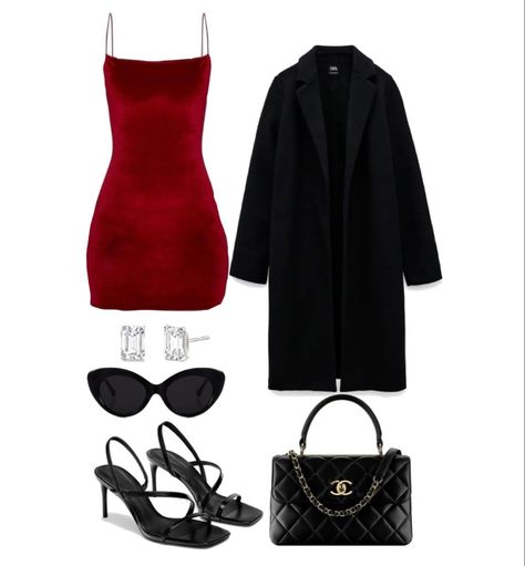 Red velvet bodycon dress. Black wool coat. Black heels. Black handbag. Black sunglasses. Diamond earrings. This is a outfit template, anything can be switched out. Red Outfits Casual, Red Bodycon Dress Outfit, Red Outfits Men, Red Outfits Aesthetic, Black Handbag Outfit, Red Outfit Korean, Black Dress Red Heels, Red Outfit Casual, All Red Outfit