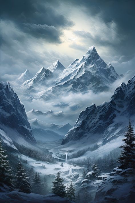 Hang a Winter Mountains Art piece in your space, and you'll feel the crisp chill and the quiet majesty of the winter landscape with every glance. It's a reminder of the resilience of nature and the sense of wonder that winter inspires. Snowy Mountain, Snowy Mountains Fantasy Art, Frozen Mountains Fantasy Art, Snowy Mountains Landscape, Snow Covered Mountains Painting, Snowy Mountain Landscape, Winter Drawings, Landscape Tattoo, Mountain Landscape Painting