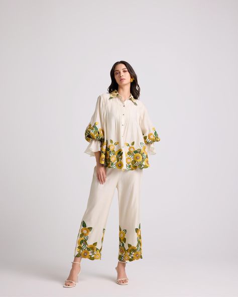 IVORY SUNFLOWER SHIRT Designer Cord Set For Women, Sunflower Pants, Embroidery Sunflower, Plus Size Wide Leg Pants, Sunflower Shirt, Coord Set, International Style, Summer 24, Flounce Sleeve