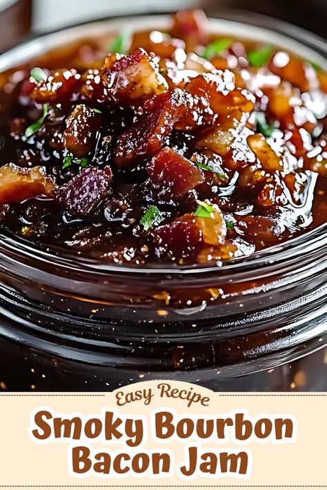 Smoky Bourbon Bacon Jam - MmmRecipes : Easy and Delicious Recipes Peach Bacon Jam Recipe, Bacon Bourbon Brittle, Canned Bacon Jam Recipe, Bacon Hot Sauce Recipe, Vanilla Bourbon Bacon Lollipops, Hot Pepper Bacon Jelly Recipe, Bacon Pepper Jelly Recipes, Blackstone Christmas Recipes, Bacon Bourbon Jam