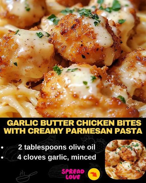 Garlic Butter Chicken Bites with Creamy Parmesan Pasta Creamy Parmesan Pasta, Crockpot Chicken Spaghetti, Garlic Butter Chicken Bites, Butter Chicken Bites, Chicken Bites Recipes, Garlic Parmesan Pasta, Mexican Casserole Recipe, Chicken Parmesan Pasta, Creamy Garlic Chicken