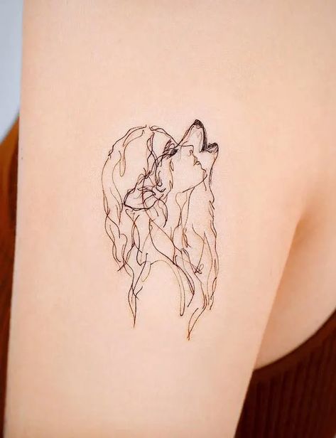 48 Unconventional Wolf Tattoos for Men and Women - Our Mindful Life Wolf Tattoos For Women Back, Tattoo Sleeve Women Upper Arm, Two Wolves Tattoos For Women, Soul Love Tattoo, Women Tattoo Upper Arm, She Wolf Tattoo Minimalist, Womens Back Arm Tattoo, Alpha Woman Tattoo, Wolf Henna Tattoo