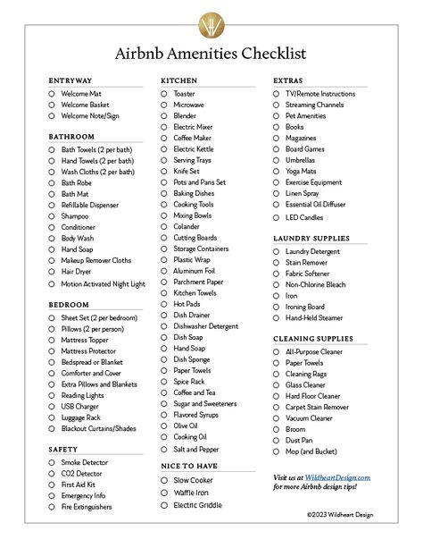 Airbnb Tips Renting, Airbnb Grocery List, Airbnb Apartment Ideas, Airbnb Post Ideas, Airbnb Startup Checklist, Airbnb List Of Items, Airbnb Checklist For Host, Cool Airbnb Ideas, Airbnb Inventory Checklist