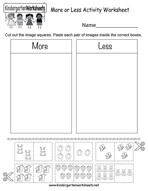 Kindergarten More or Less Activity Worksheet Printable Comparing Numbers Kindergarten, Kindergarten Math Free, Kindergarten Math Worksheets Free, Activity Worksheet, Mathematics Worksheets, Preschool Math Worksheets, Free Kindergarten Worksheets, Numbers Kindergarten, Kids Math Worksheets