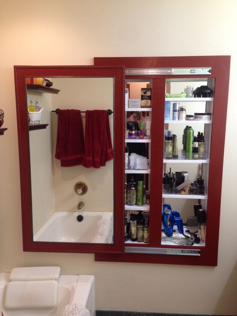 Hidden Bathroom Storage, Full Length Mirror With Storage, Hidden Bathroom, Hidden Shelves, Secret Compartment Furniture, Colorado House, Hidden Shelf, Upcycled Furniture Diy, Furniture Bathroom