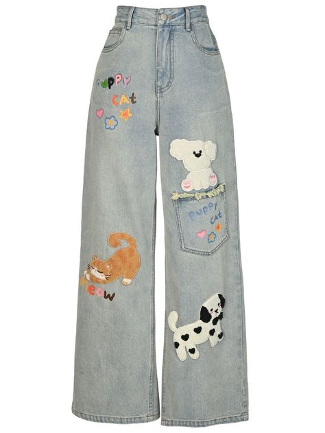 Puppy Cat Party Cute Patch Denim Wide-Leg Jeans-ntbhshop Patch Denim, Gothic Skirts, Cute Patches, Cute Pants, Denim Patches, Patched Jeans, Cat Party, Light Blue Jeans, Cute Jeans