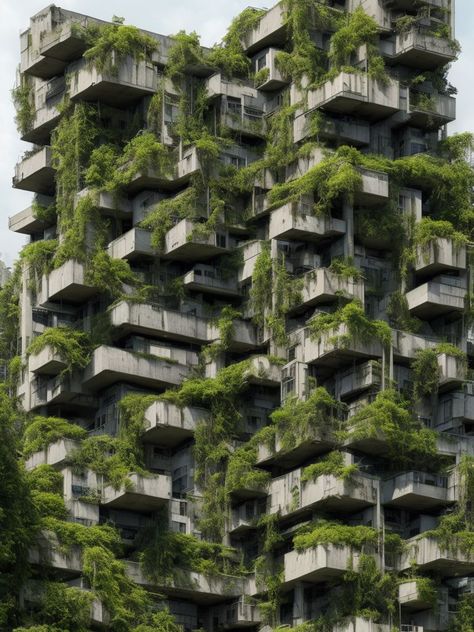 Nature Growing On Buildings, Buildings With Nature, Plants And Architecture, Dystopian Architecture Concept, Brutalist Architecture With Plants, Plants Taking Over Buildings, Eco Brutalism Architecture, Buildings With Plants, Dystopian Buildings