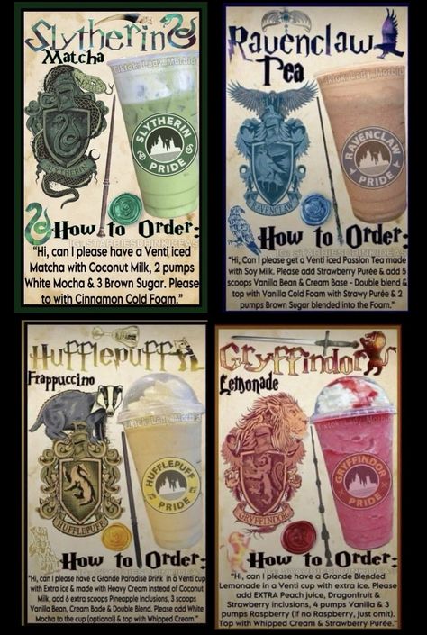 Starbucks Secret Menu Drinks Harry Potter, Shrek Starbucks Drink, Slytherin Starbucks Drink, Harry Potter Coffee Drinks, Starbucks Drinks Harry Potter, Weird Starbucks Drinks, Harry Potter Starbucks Drink, Hogwarts Recipes, Custom Starbucks Drinks