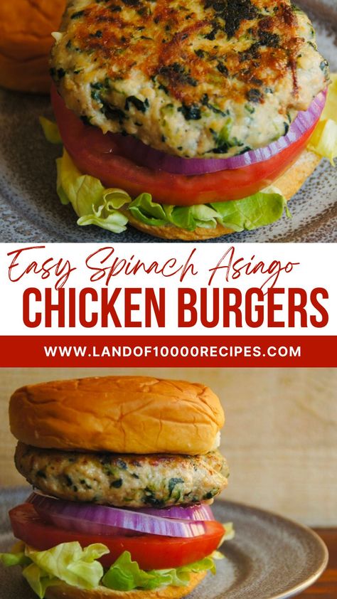 If you love burgers but want a healthier option, these Spinach Asiago Chicken Burgers are what you’ve been looking for. Ground chicken is combined with garlic, spinach and asiago cheese to create a delicious (and healthy) burger. These are sure to be a hit! Chicken Spinach Burgers, Spinach Burgers, Asiago Chicken, Blt Wraps, Chicken Hamburger, Cheddar Chicken, Healthy Burger, Spinach Egg, Asiago Cheese