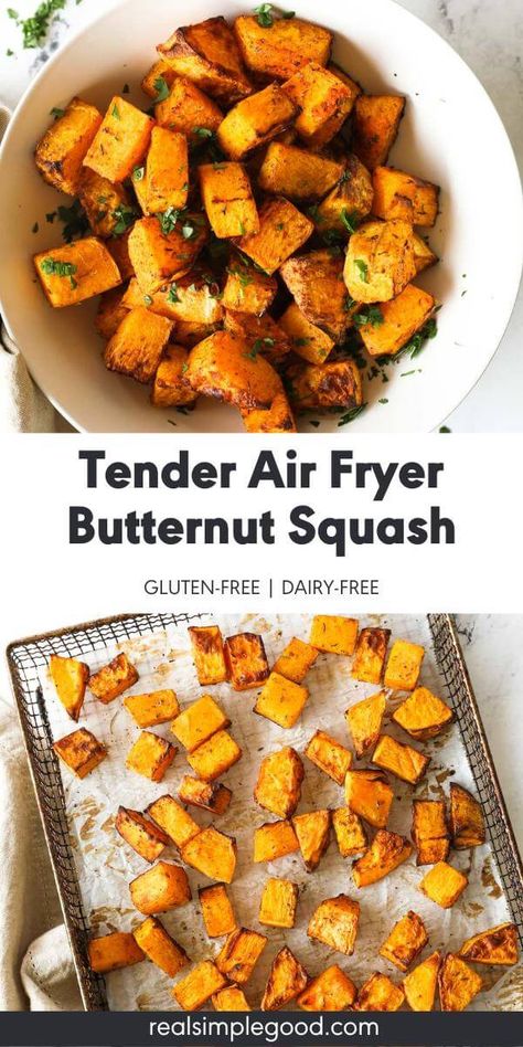 Coated with a touch of maple syrup and the perfect blend of seasonings, this easy recipe for air fryer butternut squash cubes is the perfect healthy side dish. The air fryer leaves the squash cubes perfectly tender on the inside and a little caramelized on the outside. Gluten-free, dairy-free and paleo. | Real Simple Good via @realsimplegood Quebec Food, Air Fryer Pineapple, Air Fryer Butternut Squash, Harvest Foods, Butternut Squash Recipe, Lenten Recipes, Air Fried Food, Air Fryer Oven Recipes, Airfryer Recipes