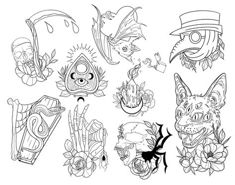 Halloween TATTOO FLASH Stamp Brushes for ProCreate on iPad These original stamps are designed to help create tattoos, greeting cards, logos, calendars, tee shirts, and more! This pack includes 35 hand drawn tattoo flash designs. Build off of these or tattoo straight away. Great designs for tattooing! [Watch the video and swipe through the portfolio to see all of what is included] Excellent quality Crisp bold lines All stamps are resizable small to very large with no blur Use any color Hand made Tattoo Flash Art Halloween, Halloween Themed Tattoo Designs, Halloween Flash Tattoo Ideas, Halloween Tattoo Drawings, Spooky Season Tattoos, Halloween Flash Sheet Tattoo, Vintage Halloween Tattoo Flash, Witch Flash Tattoo, Dark Tattoo Flash