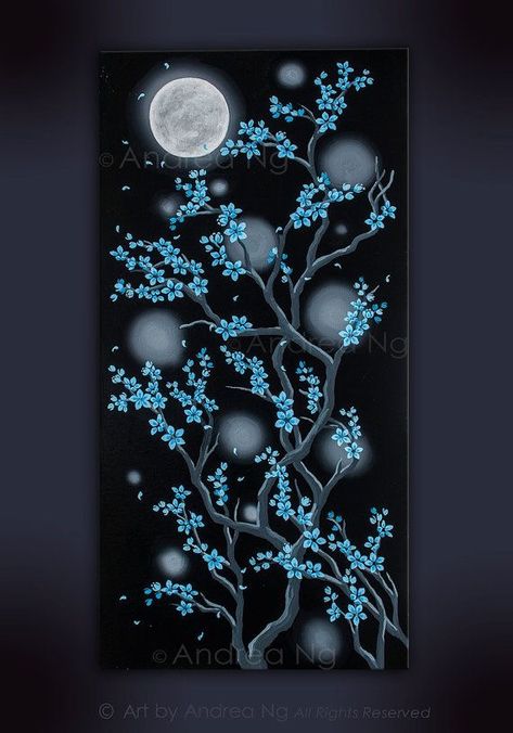 Gothic Painting, Painting Surreal, Painting Moon, Easy Flower Drawings, Blossom Painting, On Black Canvas, Cherry Blossom Painting, Black Canvas Paintings, Canvas For Beginners