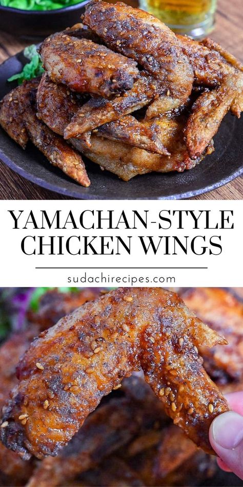 Yamachan-style chicken wings are featured on a dark plate, looking crispy with a sprinkling of sesame seeds. The wings have a glossy, seasoned exterior. Below is the text 'YAMACHAN-STYLE CHICKEN WINGS' and 'sudachirecipes.com', indicating the recipe source. Japanese Chicken Wings, Fried Chicken Wing, Homemade Chicken Wings, Crispy Fried Chicken Wings, Wing Sauce Recipes, Japanese Chicken, Chicken Wing Sauces, Chicken Wings Recipe, Fried Chicken Wings