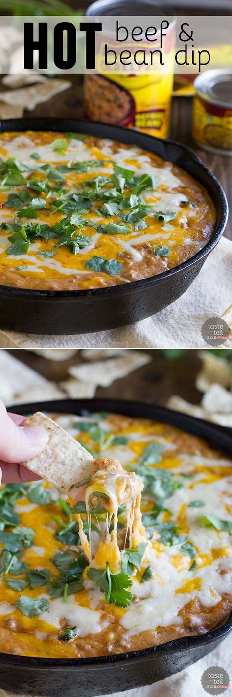 Need an appetizer perfect for watching that sporting event or for a family get-together? This Hot Beef and Bean Dip takes your typical bean dip up a notch for an addicting, family friendly dip. Mexican Dip With Ground Beef, Dip With Ground Beef, Hot Beef, Mexican Dip, Beef Dip, Bean Dip Recipes, Bean Tacos, Spicy Beef, Bean Dip