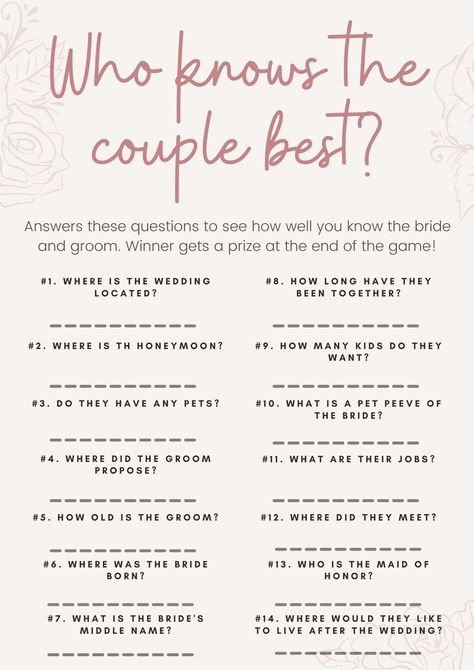 Who Knows the Couple Best Bridal Shower Game Printable Worksheet Template. Couples Bridal Shower Games, Who Knows The Couple Best Game, Who Knows The Couple Best, Wedding Games For Guests, Bachelorette Ideas, Bridal Shower Printables, Bridal Bachelorette Party, Wedding Shower Games, Bridal Shower Game