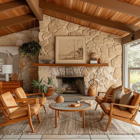 Your Guide To Crafting The Perfect Mid-Century Modern Living Room - Edward George Mid Century Living Room Ideas, Modern Stone Fireplace, Mid Century Modern Fireplace, Mid Century Fireplace, 1970s Interior Design, Mcm Living Room, Mid Century Modern Interior Design, Mid Century Living, Mid Century Living Room