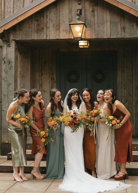 earthy mismatched bridal party palette featuring sage green, terracotta, champagne, and slate blue Mismatched Bridal Party, Party Palette, Oregon Forest, Fall Wedding Bridesmaids, Fall Bridesmaids, Taylor Russell, Sage Green Bridesmaid Dress, Bridesmaid Colors, Fall Wedding Guest