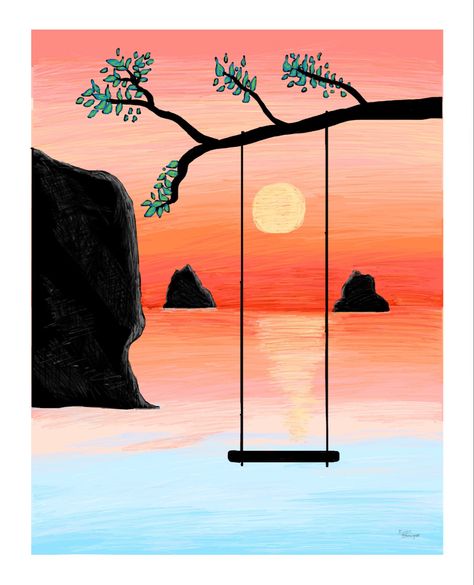 Crtanje Ideas, Beach Scene Drawing, Sunset Scenery Painting, Sunset Drawing Easy, Digital Art Sunset, Sunset Sketch, Sunset At Beach, Beach Sketches, Beach Drawing