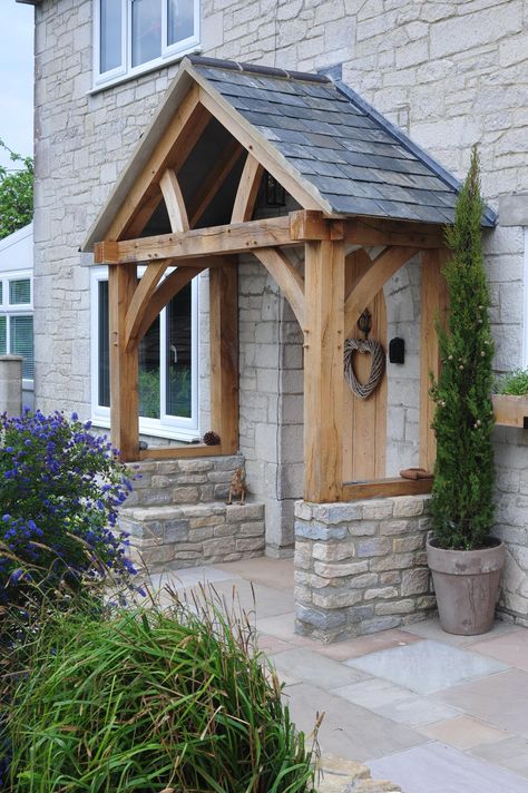 Arch Porch, Door Gable Entrance, Timber Front Porch, Wood Front Door Stone House, Gable Porch, Stone Porch, Wooden Front Door Canopy, Wooden Door Canopy Front Porches, Timber Frame Portico Entrance