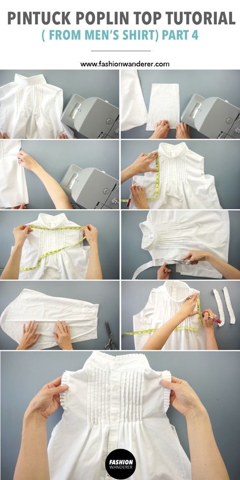 Upgrade your sewing skills by learning how to make a pintuck poplin top from a men’s dress shirt! From knife pleats to mini pintucks, this adorable sleeveless top is both work and date night friendly. Thrift Store Fashion Diy, Repurposing Clothing, Clothes Upcycling, Shirt Upcycle, Shirt Transformation, Sewing Guide, Upcycling Clothes, Upcycle Clothing, Pintuck Blouse