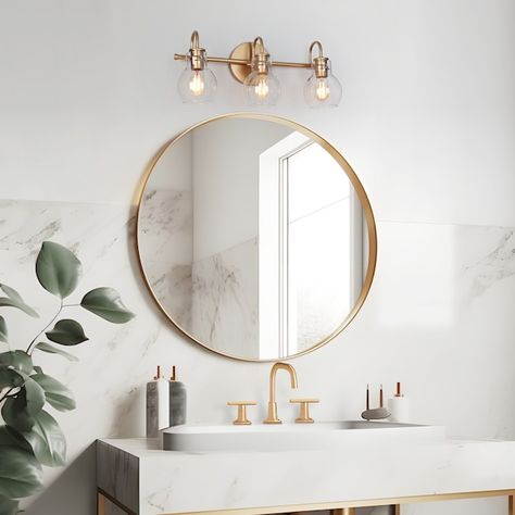 Modern Glam Bathroom, Glam Bathroom, Black And Gold Bathroom, Bathroom Ambiance, Ceiling Fan Bathroom, Vanity Light Bar, Light Fixtures Bathroom Vanity, Contemporary Vanity, Vanity Light Fixtures