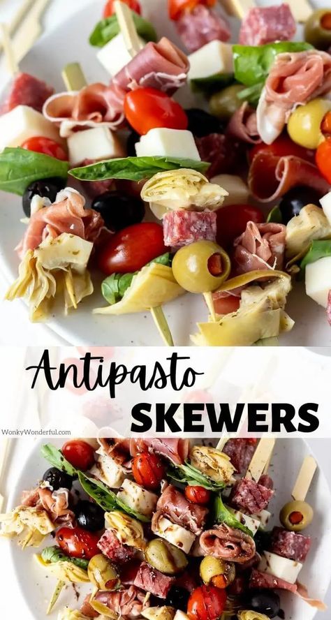 Make these Easy Antipasto Skewers for a party appetizer, game-day or holiday feasts. All your favorite charcuterie bites skewered onto sticks for a fun finger food. #appetizerrecipes #antipastorecipes #charcuterierecipes #appetizers #partyfood Charcuterie Bites, Easy Antipasto, Antipasto Recipes, Antipasto Skewers, Skewer Appetizers, Appetizers Easy Finger Food, Best Appetizer Recipes, Finger Foods Easy, Cold Appetizers