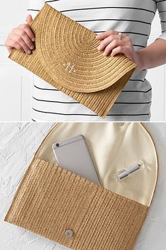 Pamper your bridesmaids sister or friend with this envelope clutch crafted from natural straw and large enough to hold all your essentials for a fun summer night out. Hand Bags Ideas, Fancy Clutch, Japanese Knot Bag, Bags For Ladies, Sac Diy, Diy Clutch, Diy Leather Bag, Diy Bag Designs, Diy Bags Patterns