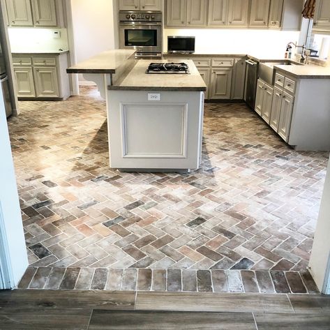 Brick Kitchen Floors, Brick To Wood Floor Transition, Faux Brick Flooring, Brick Kitchen Floor, Brick Floor Kitchen, Flooring For Kitchen, Farmhouse Kitchen Flooring, Floor Material, Kitchen Floors