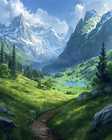 Landscape Fantasy Nature, Dragon Landscape Art, Fantasy Mountain Art, Fantasy Art Mountain, Fantasy Environment Art, Mountain Fantasy Art, Fantasy Mountain Landscape, Nature Kingdom, Landscape Fantasy Art