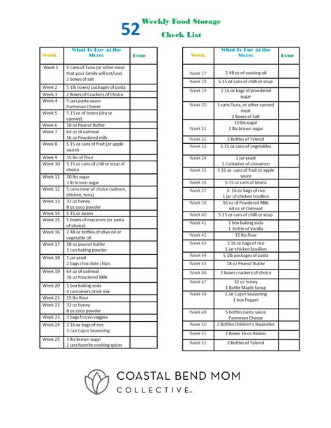 52 Weeks of Food Storage - Coastal Bend Mom Collective Year Supply List Food Storage, Emergency Preparedness Food, Organized Mom, Family Budget, 52 Weeks, Emergency Supplies, Grocery Budgeting, Emergency Prepping, Buying Groceries