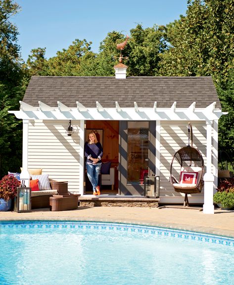 Getting excited for my she shed by our pool! Pool Shed With Pergola, Small Pool Shed, She Shed Pool House, Small Pool House, Pool Sheds, Shed Pool House, Small Pool Houses, Pool House Shed, Pool Shed