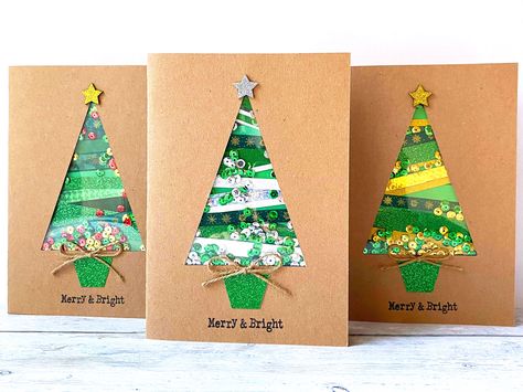 Simple Tree Christmas Cards, Craft Paper Christmas Cards, Patchwork Christmas Cards, Ribbon Christmas Tree Card, Ks1 Christmas Cards, Ks2 Christmas Cards Ideas, Christmas Card Stampin Up Ideas, Fabric Xmas Cards, Scrap Christmas Cards