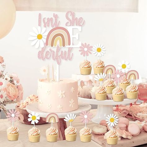 Isnt She Wonderful First Birthday Cake, Daisy 1st Birthday Party, Isn't She Onederful, Birthday Party Decorations Pink, Daisy 1st Birthday, Party Decorations Pink, Rainbow Banner, Baby First Birthday Themes, Baby Birthday Decorations