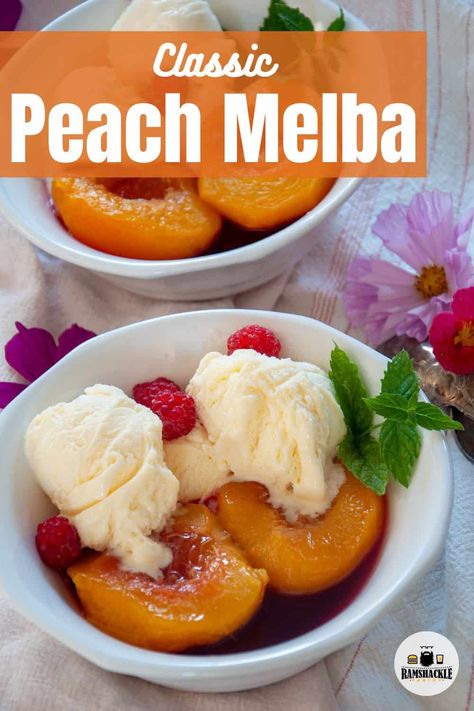 Whisking you away on a sweet journey through time with our Classic Peach Melba! Dive into a bowl filled with poached peaches, zesty raspberry sauce, and the creamiest vanilla ice cream. The perfect treat to bring a touch of classic elegance to your table. Peach Melba Ice Cream, Melba Sauce Recipe, Melba Sauce, Peach Melba Dessert, Peach Melba Recipe, Poached Peaches, Peaches Recipes, Simple Syrup Cocktails, Dessert Board