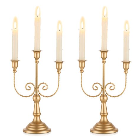 PRICES MAY VARY. Size : 3 Arm Metal candelabra Designed for 3 table centerpiece, 12 inch Tall, fit standard 0.87” taper candle Antique Candelabra: Taper candle holders hold 3 candles. It is traditional and classical style, elegant design with fine details Durable & Well Made: Candle stick holder is made of high-quality metal, welded well.The design of extended part of candle cup will prevent the wax dripping on the table. Various Occasion: the white distressed candle holders go well with wedding Sweet Table Decorations, Gold Taper Candle Holders, Gold Taper Candles, Gold Candelabra, Candle Sticks Wedding, Party Table Centerpieces, Metal Candelabra, Christmas Fireplace Decor, Gold Candle