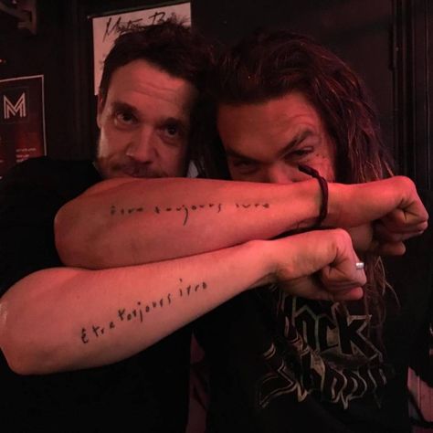 "Jamie sives and I Reunited. Jory took the knife to the eye.  My wife put a pillow over my head.  Thanks George. Hahahahah We got these tats in Angel while shooting GOT. With my @zozobear121  Miss u baby  aloha j" Jason Momoa Tattoo, Straight Line Tattoo, Outer Forearm Tattoo, Jason Momoa Aquaman, French Tattoo, Men Tattoos, Hawaiian Tattoo, Real Tattoo, Celebrity Tattoos