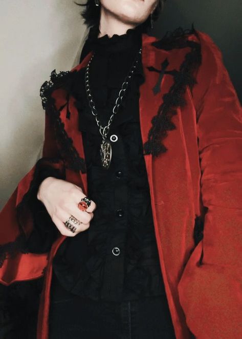 Evil Outfits Aesthetic Male, Red Dark Academia Outfits Men, Vampire Aesthetic Masc, Royal Vampire Aesthetic Outfit, Vampirecore Clothes, Gothic Vampire Aesthetic Outfit Male, Vampire Prince Outfit, Gothic Vampire Aesthetic Male, Romantic Goth Masculine