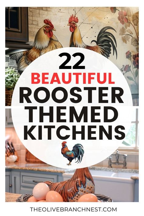 Create a warm, country ambiance in your kitchen with rooster-themed decor. Combining farmhouse flair with hints of red, these decorating ideas infuse your space with rustic elegance. Whether through textiles or wall art, rooster motifs add a playful yet traditional touch. Rooster Rugs French Country Kitchens, Farmhouse Rooster Kitchen, Kitchen Rooster Decor Ideas, Decorating With Chickens, Rooster Diy Crafts, Chicken Kitchen Decor Farmhouse, Rooster Themed Kitchen, Rooster Kitchen Ideas, Farmhouse Chicken Decor