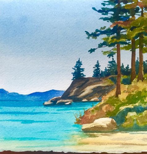 Dreaming of Lake Tahoe card Coast Redwood, Landscape Quilt, Landscape Watercolor, Paint Night, Beach Watercolor, Night Art, Landscape Ideas, Oregon Coast, Diy Art Painting