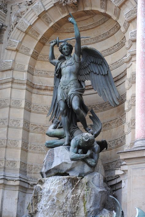 Saint Michael Statue, Rembrandt Art, Statue Fountain, Side Angle, Statue Tattoo, Michael The Archangel, Classic Sculpture, Angel Statue, Angel Sculpture