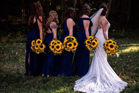 Navy Blue And Sunflower Wedding, Blue And Sunflower Wedding, Sunflower Fall Wedding, Blue Orchid Bouquet, Blue Sunflower Wedding, Tiffany Blue Weddings, Sunflower Wedding Decorations, Dark Blue Wedding, Navy Blue Bridesmaids