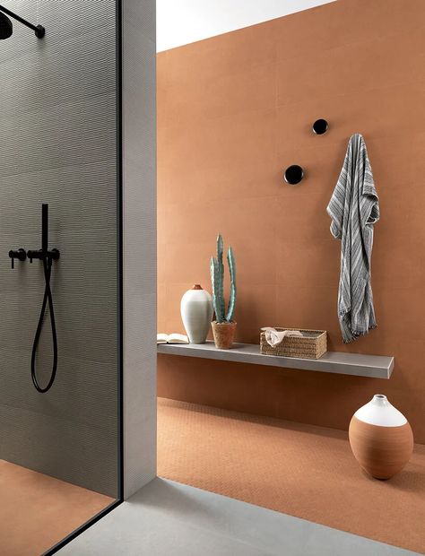 FAP ceramiche's tile collection evokes charm of an italian summer Terracotta Bathroom, Bathroom Wall Colors, Orange Terracotta, White Bathroom Tiles, Floor Edging, Grey Tiles, St Charles, Grey Bathrooms, Bathroom Colors