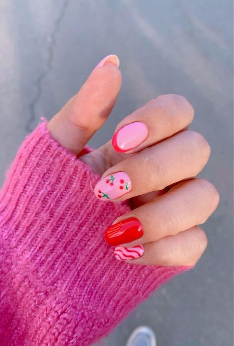 Valentines Nails With Cherries, Heart And Cherry Nails, Gel Nail Designs Cherry, Valentines Cherry Nails, Short Nail Designs Cherry, Cherry Valentines Nails, Nail Art Cherries, Cherry Nail Art Design, Simple Red Nail Art