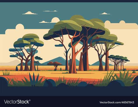 Savanna Illustration, Savannah Illustration, African Savannah Landscape, Savanna Tree, Savannah Landscape, Murals Ideas, Flat Landscape, Trees Vector, Landscape With Trees