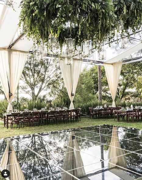 Reception Dance Floor Ideas, Outdoor Reception Dance Floor, Wedding Dance Floor Beach, Dance Floor Reception, Greenery Over Dance Floor Wedding, Wedding Mirror Dance Floor, Tent Dance Floor Wedding, Garden Party Dance Floor, Wedding Tent With Dance Floor