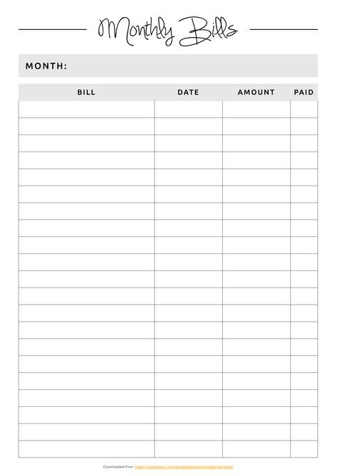 Money to spare likes good care. Save your money with keeping your monthly bills. You can plan all expenses at the beginning of the month and then just check which is done by putting a tick in ""Paid"" box. Sections available in this template: Month's name section, Bill, Date, Amount, Paid  #printablebudgetplanner #savingmoney #budgetplannertemplate #planner #printable Monthly Bills Checklist, Bill Spreadsheet Excel, Monthly Money Planner, Finance Template Free Printables, Bills Planner Template, Bill Template Monthly Budget, Monthly Budget Planner Printable, Bill List Template, Blank Budget Template