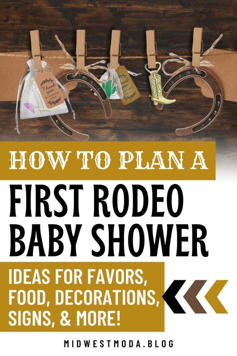 Plan the ultimate my first rodeo baby shower with ideas from midwestmoda. In this post, you'll find everything you need to host a western baby shower for your little cowboy or cowgirl. From rustic decor ideas and rodeo-themed games, to cowboy invitations and FREE printables, we've got you covered. Get inspired and start planning your celebration today at midwestmoda.blog. My First Rodeo Baby Shower Boy, Western Shower Ideas, Rodeo Themed Baby Shower Ideas, Baby Boy Cowboy Shower Ideas, Cowboy Shower Ideas, Longhorn Baby Shower Ideas, Country Baby Shower Theme, Horse Theme Baby Shower Ideas, Texas Baby Shower Ideas